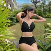 Nuevo Estilo Femenino Retro Sencillo Espalda Descubierta con Tirantes Sexy Cintura Alta Cubre Vientre Aspecto Adelgazante Bikini Traje de Baño con Abertura