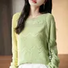 Primavera 2026 Nuevo Estilo Algodón Puro Estilo Coreano Cuello Redondo Tejido de Punto Manga Larga para Mujer Color Puro Huecos Holgado Camiseta Base Superior para Mujer