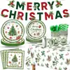 Set de Decoración para Fiesta Navideña con Tema de Árbol de Navidad Acuarela con Pancarta de Acebo y Bayas, Platos de Papel, Vasos de Papel y Mantel