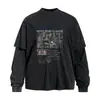 Camiseta de manga comprida com estampa de letras estilo vintage para homens, look em camadas, coleção primavera/outono, streetwear americano, corte solto, gola redonda
