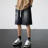 Shorts de mezclilla de color claro para hombre con estampado de estrellas, bordes deshilachados, diseño de cordón, estilo de alta costura americana, pantalones holgados casuales hasta la rodilla