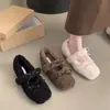 Nuevos Zapatos Cálidos de Piel con Lazo para Mujer Otoño/Invierno 2026, Estilo Hada Punta Redonda Mary Jane Zapatos Bajos de Algodón
