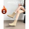 Versión de Cuero Suave ~ Botas de Nieve Redondas Retro para Mujer, Forradas de Felpa, Cálidas, Botas de Algodón Peludas, Uso Bidireccional, Suela Plana, Botines Marrones Estilo Birkenstock