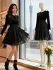 Vestido de Cumpleaños, Vestido de Estilo Elegante para Mujer, Nueva Colección de Otoño, Vestido de Princesa con Tul Abullonado, Pequeño Vestido Negro de Terciopelo 45411