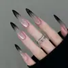 Uñas Postizas Portátiles, Estilo Europeo y Americano, Forma Puntiaguda Larga, Degradado Negro y Blanco, Ojo de Gato Brillante, Forma de Gota de Agua Larga, Parches de Uñas Postizas Terminados Desmontables