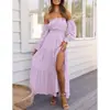 Estilo europeu e americano transfronteiriço, sexy, ombro a ombro, manga longa, franzido, cintura alta, fenda lateral, vestido maxi em camadas, corte A, fluido