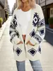 Nuevo cárdigan fino largo de comercio exterior transfronterizo con bolsillos, chaqueta suéter de moda personalizada casual estampada de otoño e invierno para mujer