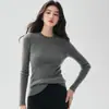 Camada de base feminina de malha canelada slim-fit, cor sólida, versátil, gola redonda, mistura de cashmere, para Outono/Inverno 2026