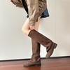 Botas Largas para Mujer 2026 Otoño e Invierno Botas de Mezclilla con Tacón Grueso, Botas Vintage Plegadas Apiladas, Botas de Ante Bootcut, Botas Largas Color Caqui