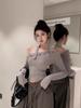 Camiseta de Invierno Irregular con Hombro Descubierto y Cuello Halter de Manga Larga para Chicas Hot Sexy Ajustada Adelgazante Ins Nicho Top de Hombro Descubierto para Mujer