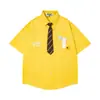 Camisa de Manga Corta Decorativa con Bordado de Flor y Letra Estilo Retro Americano para Hombre, Verano, Holgada, Casual, Camisa de Pareja
