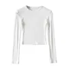 Ombligo Cuello Pequeño Hilo Agujero Raya Manga Larga Ajustado Corto Cintura Alta Color Sólido Camiseta Base Top Camiseta para Mujer