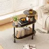 Mesa auxiliar de sofá de madera maciza con ruedas, mesa de centro con carrito móvil, mueble auxiliar de mármol con placa de roca para sala de estar, mueble para té