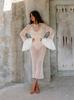 Ropa de Mujer Europea y Americana Vacaciones en la Costa Blusa con Cortes Falda Larga Manga Larga Ajustada Sexy Vestido Blanco Falda de Verano para Mujer