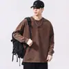 F6850 Talla Grande Hombre Otoño Nuevo Camiseta de Manga Larga Lavada Pesada Hombre Holgado Retro Estampado Desgastado Top
