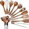 Espátula Pequeña de Madera de Acacia, Espátula de Madera para Sartén Antiadherente, Cuchara Sopera de Madera con Mango Largo, Cuchara Pequeña de Madera para Arroz, Juego de Espumadera para Fideos de Madera de Teca