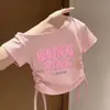 Camiseta de Manga Corta de Seda Helada para Niñas, Nuevo Estilo de Verano, Top Trendy y Versátil con Cordón para Niños, Corte Ajustado, Estilo Ins de Moda