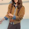 Suéter de punto de otoño para mujer, chic estilo coreano, con un ambiente sofisticado y relajado, con patchwork de mezclilla y un efecto adelgazante, diseño abierto por delante