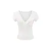 Camiseta de Encaje con Cuello en V de Manga Corta Pure Desire Hot Girl para Mujer, Nuevo Top Corto Sexy de Otoño que Realza el Busto, Corte Ajustado
