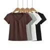 2627-26 Verano Americano Ajuste Delgado Retro Cuello en V Liso Básico Manga Corta Suéter Camiseta Capa Base