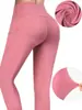 Pantalones de yoga con bolsillos y solapa, elásticos, color piel, cintura alta de tres puntos, control de abdomen, realce de glúteos y deportivos con efecto "melocotón".