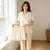 Conjunto de tres piezas de crepé de algodón puro para mujer primavera/verano con cuello camisero, manga corta, pantalones cortos, pijama loungewear talla grande, personalizable