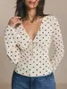 Blusa de Malha Retro com Bolinhas Transpassada de Manga Longa para Mulheres, Decote V Profundo, Amarração Frontal, Mangas Sino, Blusa de Chiffon Justa ao Corpo