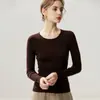 Suéter de punto fino sin costuras de calibre 18, 80 hilos, 100% lana Merino con cuello redondo, camiseta básica de punto cómoda y versátil para mujer