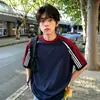 Camiseta de Manga Corta de Algodón Pesado Estilo Americano con Bloques de Color, Rayas y Parches para Hombre, Verano, Corte Holgado, Versátil, de Marca de Moda, Fresca, Manga Media
