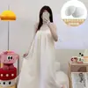 Estilo Nuevo de Verano Camisón de Tirantes Color Sólido Blanco Crudo de Algodón Nube con Copas en el Pecho y Tirantes Ajustables, Ropa de Casa Larga Holgada