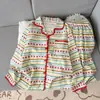 Pijama de algodón nube al por mayor transfronterizo para mujer, conjunto de ropa de casa de manga larga a rayas dulces de primavera y otoño, se puede usar para salir