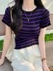 Camiseta de Manga Corta a Rayas para Mujer 2024 Nuevo Verano Seda de Hielo Tejida Patchwork Corta de Cintura Alta Moderna y Versátil