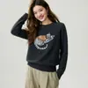Suéter de Punto Jacquard con Gato de Dibujos Animados Cuello Redondo 100% Cachemira Pura para Mujer Otoño Invierno Manga Larga Corto Capa Base Versátil