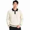Suéter Polo de Tricô Masculino Estilo Old Money com Gola Color Block Textura Canelada Masculino Solto Roupa de Exterior Transfronteiriça Manga Longa