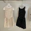 Vestido de Verano Wgwe Estilo Francés Elegante Lunares Bloques de Color Ceñido a la Cintura Adelgazante Sin Mangas Línea A para Mujer W9282