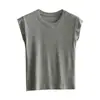 Chaleco de Fibra de Lyocell para Mujer Mangas Cortas Volantes Tejido de Hombro Ancho Camiseta de Punto Cuello Redondo Top Versátil Ropa de Verano para Mujer