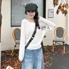 Moda de Design de Nicho Outono 2026 Estampa de Letras Manga Longa Irregular Plissado Letra Solta Camiseta Top