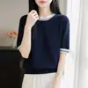 Estilo Nuevo Primavera y Verano 100% Algodón Puro Cuello Redondo Tejido de Punto Manga Corta Bloque de Color Holgado Suéter Camiseta Base para Mujer Camiseta Top
