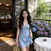 Vestido Chaleco Azul Fresco Floral Estilo Coreano para Mujer, Verano Ajustado Estilo Vacaciones sin Mangas que Ceñe la Cintura Vestido Corto