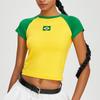 Camiseta de Mujer Nueva Estilo Europeo y Americano Delgado de Manga Corta con Cuello Redondo Costura de Color Contrastante Bordada Bandera de Brasil High Street Ajustada