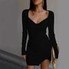 Blusas Tricô de Manga Longa e Curta Estilo Francês de Verão para Mulheres Transfronteiriças, Vestido Midi Sexy com Fenda Estilo Hot Girl Europeia e Americana, Estilo Francês