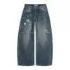 Jeans Retrô Americano Lavado com Estampa de Estrela Perna Curva para Homens e Mulheres Marca Tendência High Street Rogue Bonito Casual Solto Calça de Perna Larga