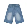 Nuevos Shorts de Mezclilla Rectos de Tres Cuartos Lavados Vintage Desgastados de Ajuste Holgado para Hombre, Verano 2026, Ajuste Holgado, Azul Oscuro de Moda