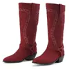 Botas altas de punta para otoño e invierno talla grande, zapatos de tacón alto de color liso, botas versátiles para mujer sin cordones de tacón cuadrado, botas de moda de comercio exterior transfronterizo