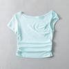 Camiseta Feminina de Verão 2024 com Design Hot Girl, Gola Assimétrica, Ombro a Ombro, Torcida, Slim Fit, Wrap, Flor, Gola Plissada, Manga Curta