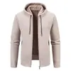 Cárdigan de punto con capucha y cremallera para hombre, Otoño Invierno, Espesado con terciopelo, Suéter abrigo de rayas verticales, Top cálido casual para hombre