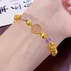 Pulseira Enrolada de Cobre Banhado a Ouro com Ametista, Contas da Sorte de Florzinhas Pequenas e Contas de Olho de Gato Escovado Dourado, Joias Empilháveis, Mesmo Estilo das Lojas de Ouro