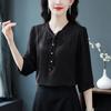 Verano 2025 Nuevo Encaje con Cordones Borde de Oreja Manga Siete Blusa de Gasa Moda Femenina Cubre Vientre Tops Hermosos Camisa Pequeña
