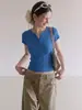 Camisa henley azul de manga corta para mujer, diseño sencillo, nuevo top de verano elegante y ajustado