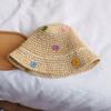 Sombrero de Paja Sombrero de Sol de Verano para Mujer Algodón y Lino Rayas Verticales Decoración de Botones Ala Pequeña Sombrero de Pescador Protección Solar Sombrero de Sol para Playa